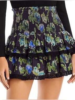 LoveShackFancy Walker Smocked Floral Tiered Lace Mini Skirt, NEW